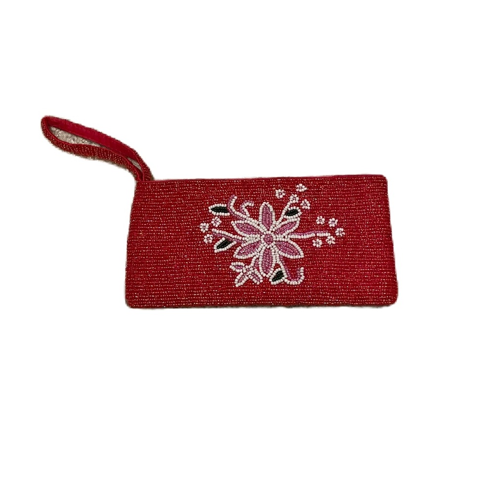 Beaded Zippered Wristlet Pouch Wallet 8X4 Red Floral Lined Unbranded
